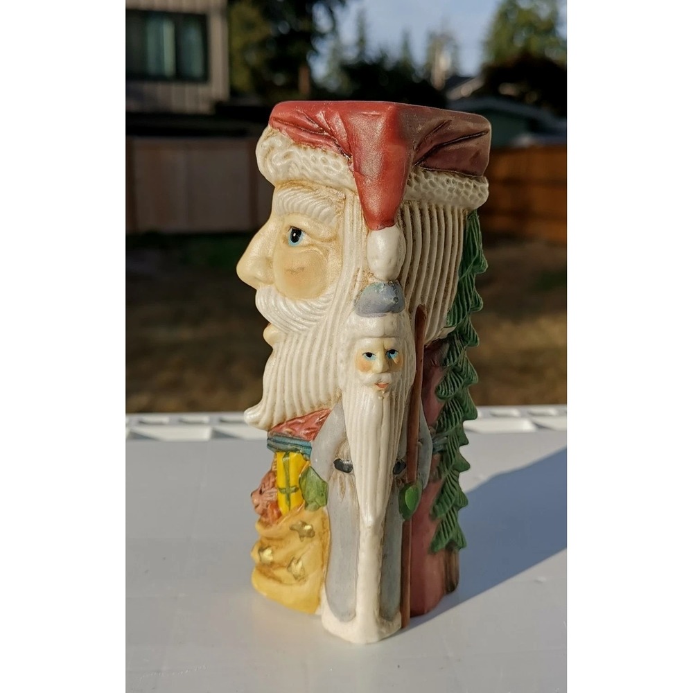 2001 vintage Holiday Pillar Candle Holder Ceramic Tall Santa St Nicholas Marked